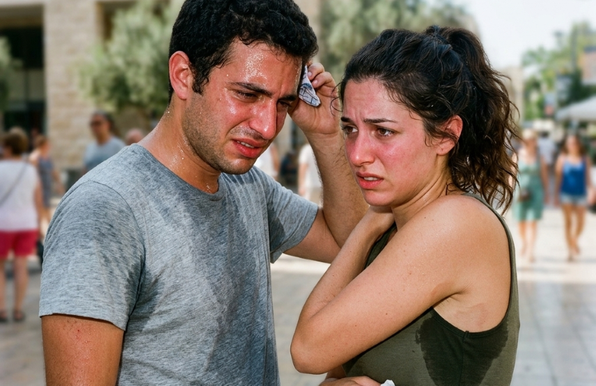גבר ואישה בהזעת יתר כשחולצותיהם ספוגות בזיעה. פורטל יופי